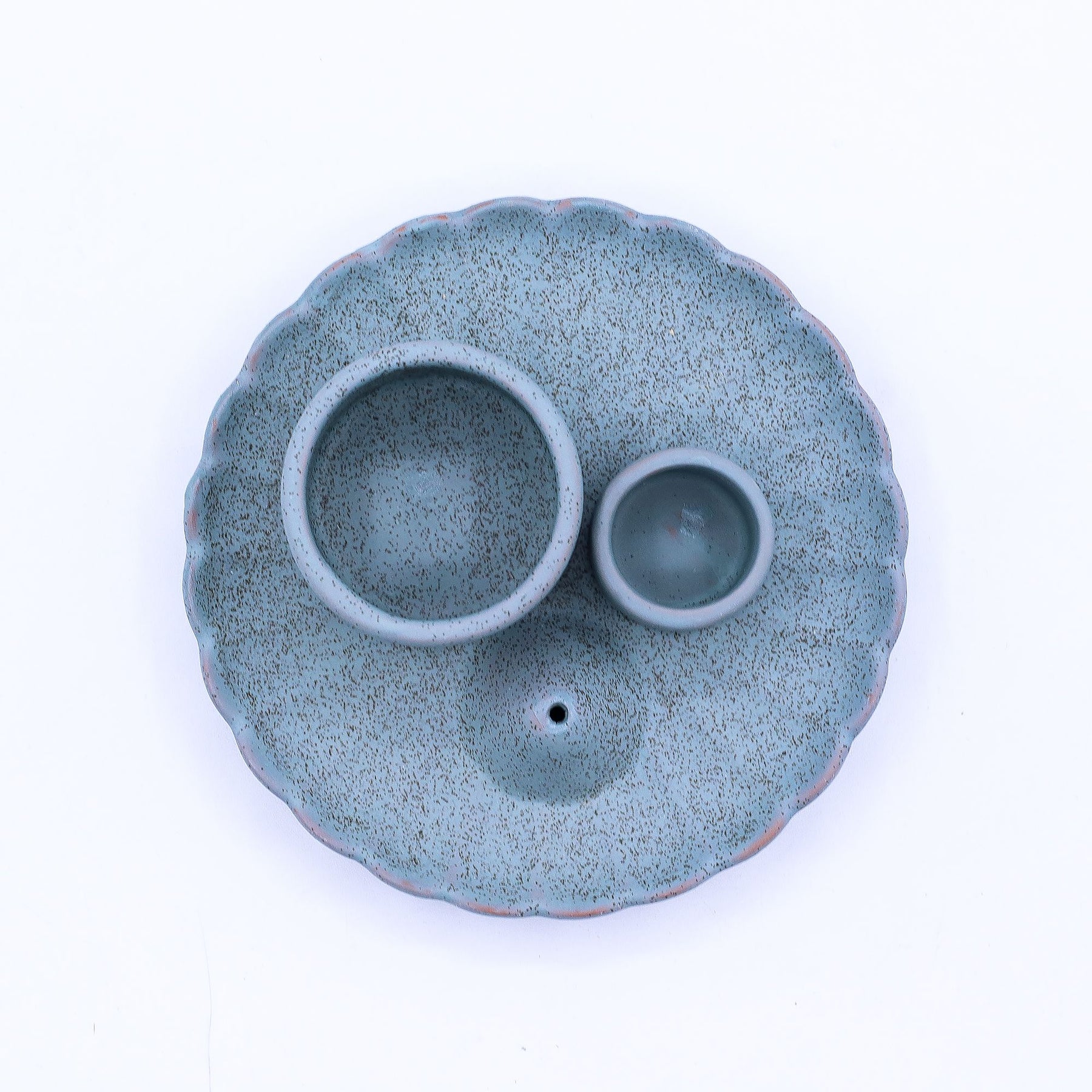 Blue ceramic incense burner with two smaller bowls
