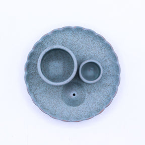 Blue ceramic incense burner with two smaller bowls