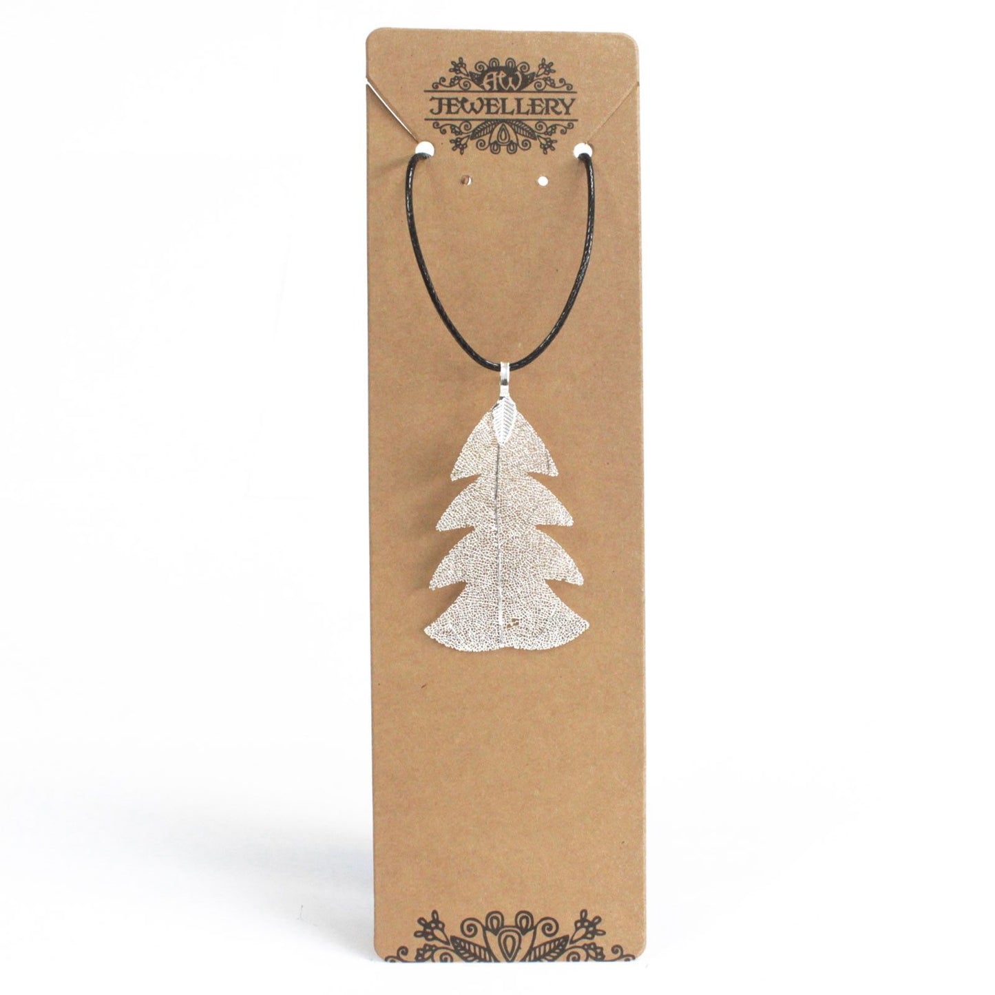 Silver electroplated real festive fir leaf necklace pendant on delicate chain, natural leaf veins visible