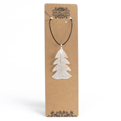 Silver electroplated real festive fir leaf necklace pendant on delicate chain, natural leaf veins visible