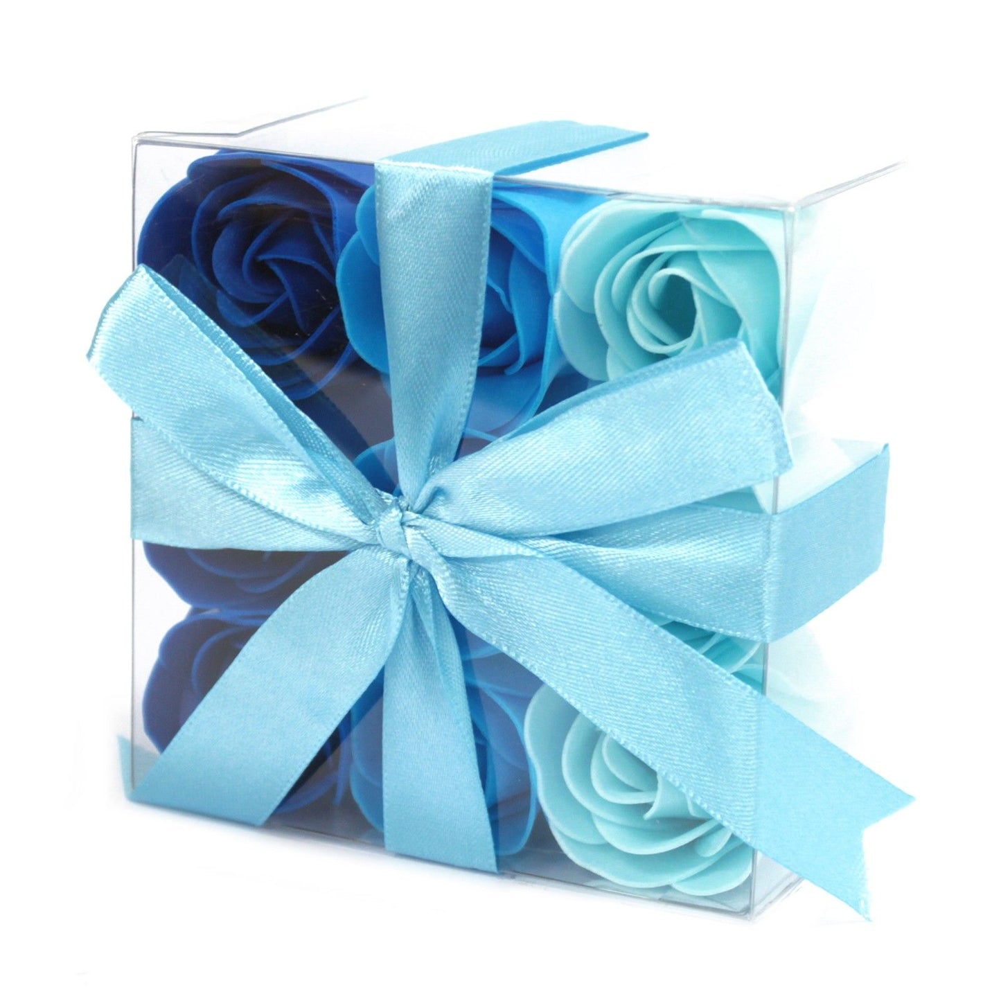 Set of 9 luxury blue rose soap flowers with realistic petal details, artistically arranged in elegant gift packaging, ready for bath use or decorative display