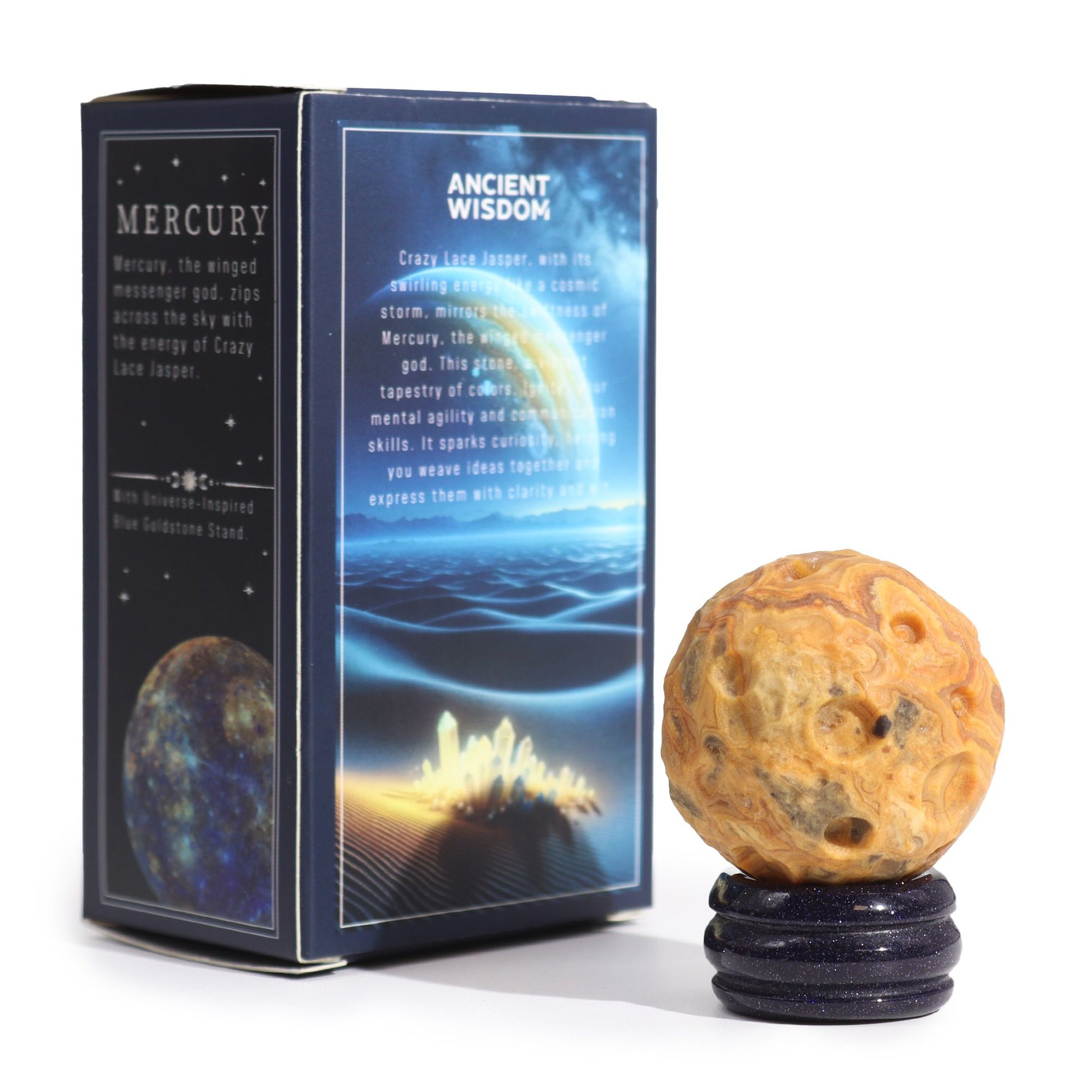 40mm swirling Crazy Lace Jasper Mercury sphere floating on shimmering goldstone ring stand, glowing against starry cosmic background