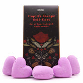 Cupids Escape Bath Heart Gift Set in elegant lavender-themed box with 5 pale purple heart-shaped bath bombs