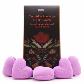 Cupids Escape Bath Heart Gift Set in elegant lavender-themed box with 5 pale purple heart-shaped bath bombs