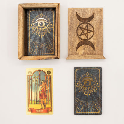 Open box showing dedicated compartment for tarot deck storage and clear upright card holder