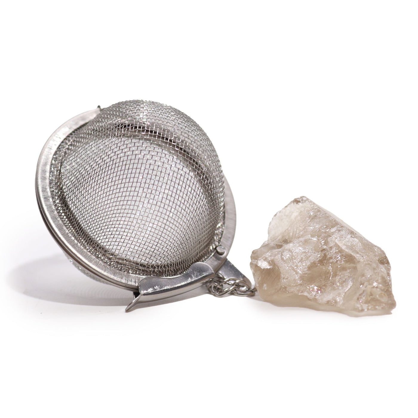 Raw smoky quartz crystal tea strainer with stainless steel mesh basket