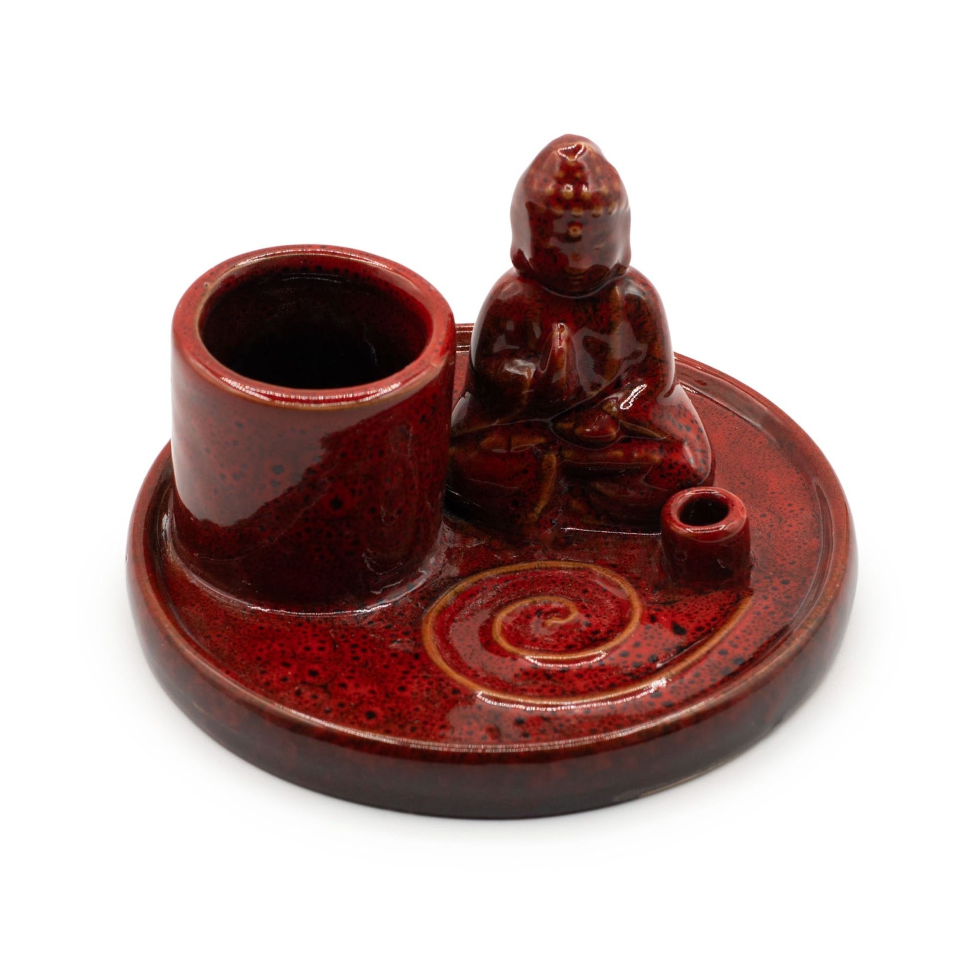 Soft red ceramic Buddha incense plate with seated Buddha figure, integrated holders for incense sticks & cones, ash-catching base