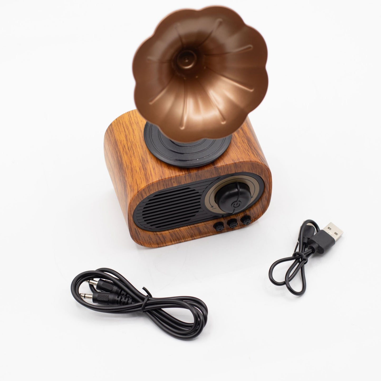 Detail of wood-effect base, retro styling and USB charging port with included cable