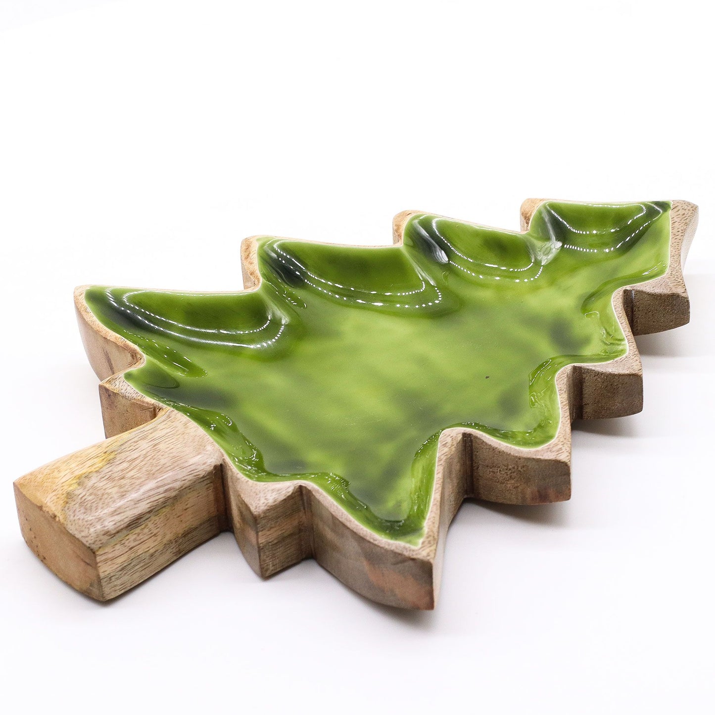 Tree-shaped mango wood bowl with rich green enamel interior