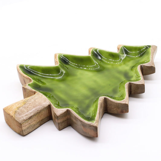 Tree-shaped mango wood bowl with rich green enamel interior