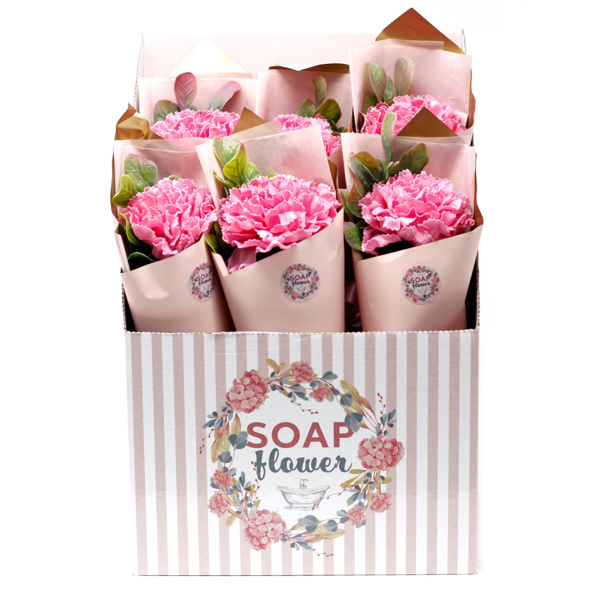 Packaged soap flowers with a decorative box labeled 'Soap Flower'.