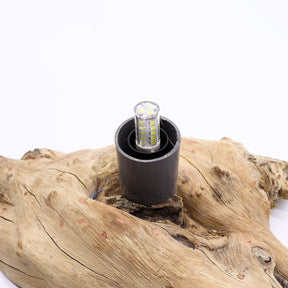 LED light bulb in a black holder on a piece of driftwood with a white background