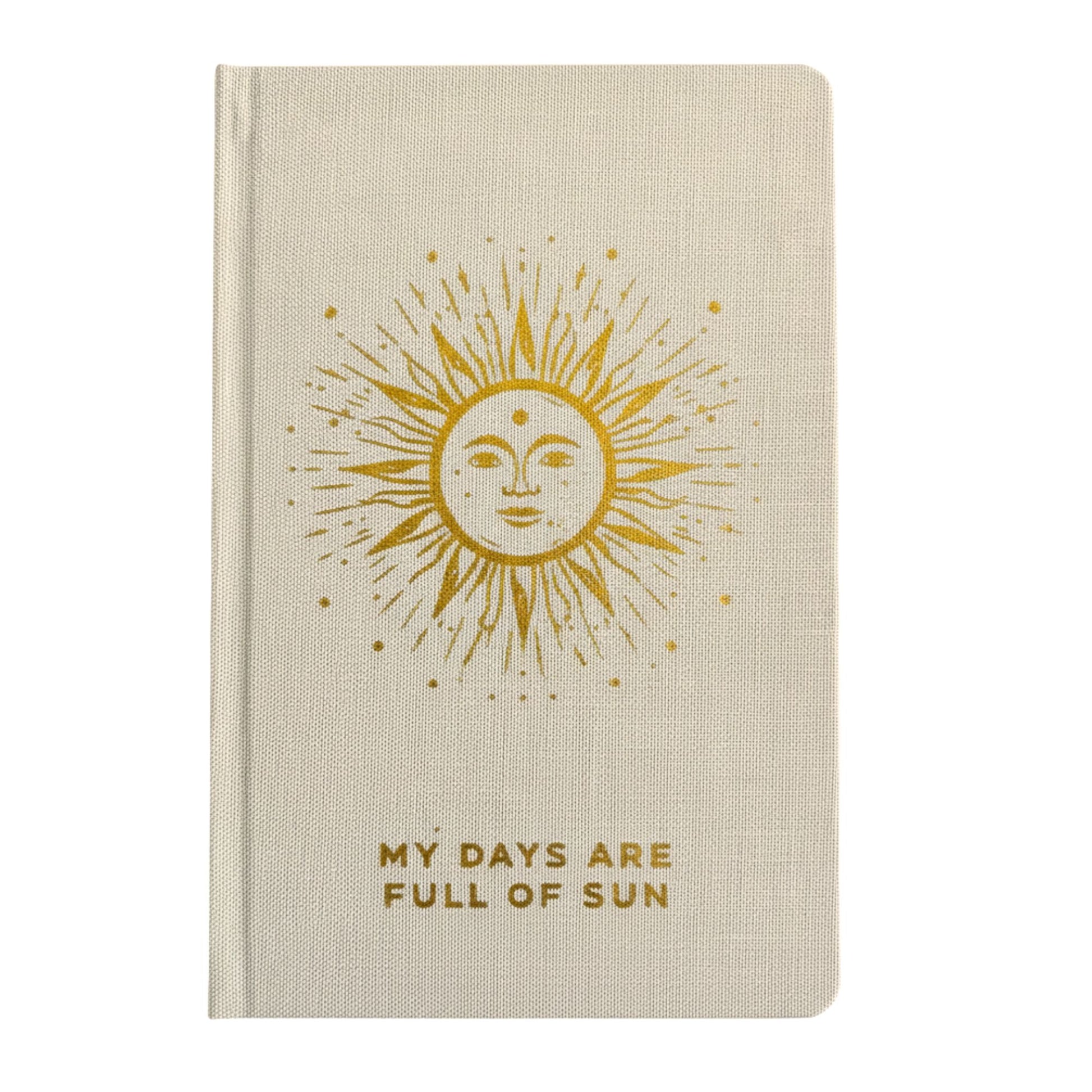 Creamy ivory gratitude journal with gleaming gold sun design and gilded page edges