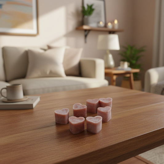 Heart-shaped pink aroma wax on a wooden surface
