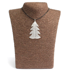 Silver electroplated real festive fir leaf necklace pendant on delicate chain, natural leaf veins visible