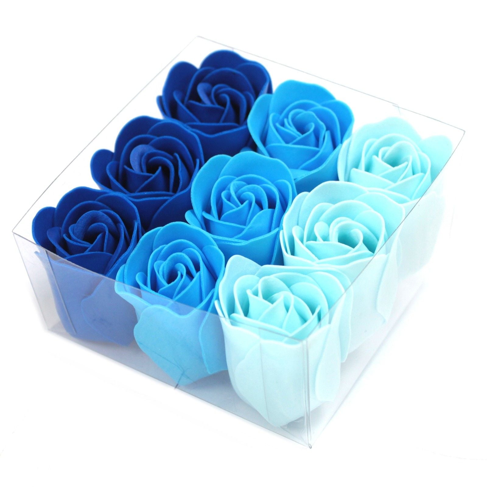 Set of 9 luxury blue rose soap flowers with realistic petal details, artistically arranged in elegant gift packaging, ready for bath use or decorative display