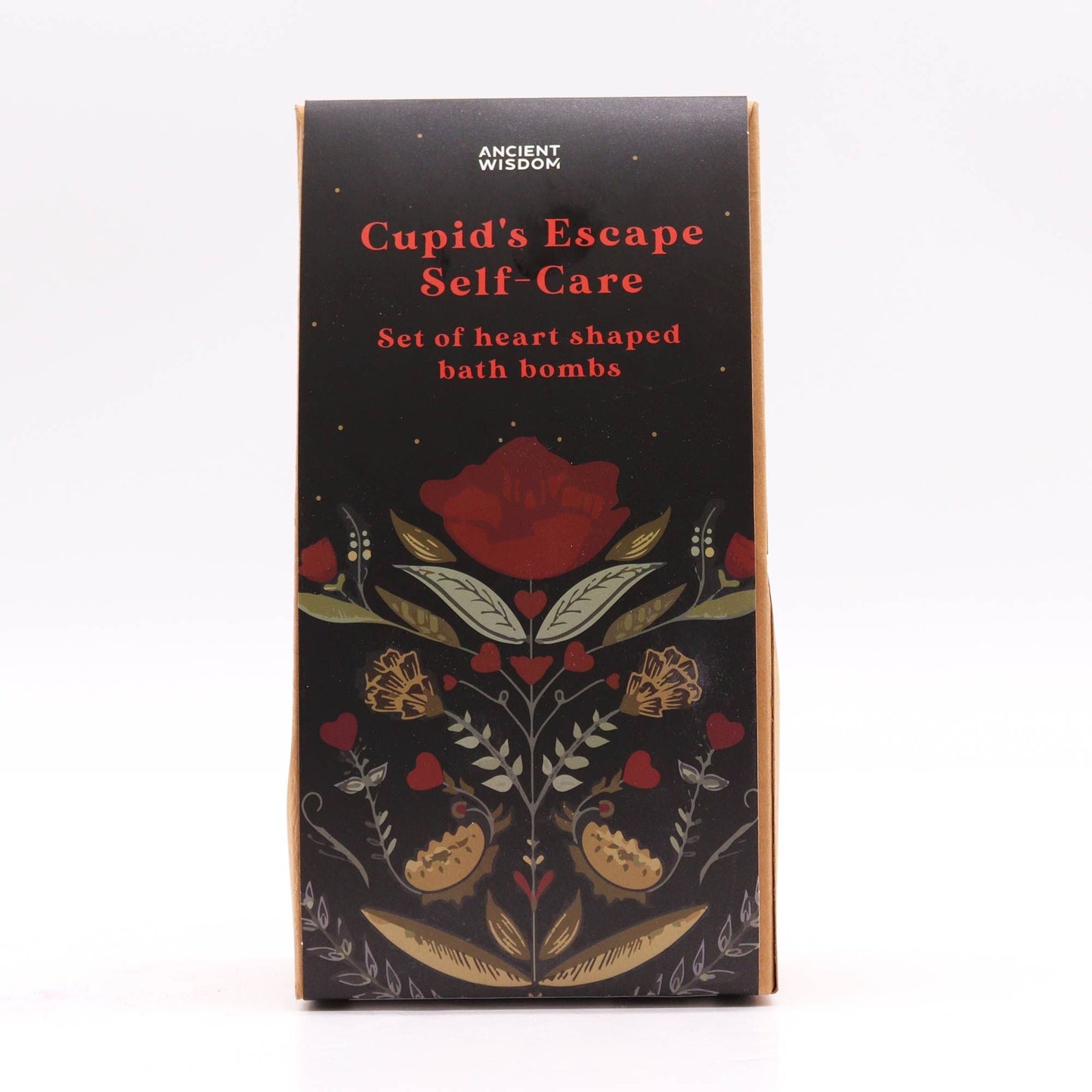 Cupids Escape Bath Heart Gift Set in elegant lavender-themed box with 5 pale purple heart-shaped bath bombs