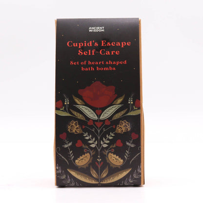 Cupids Escape Bath Heart Gift Set in elegant lavender-themed box with 5 pale purple heart-shaped bath bombs