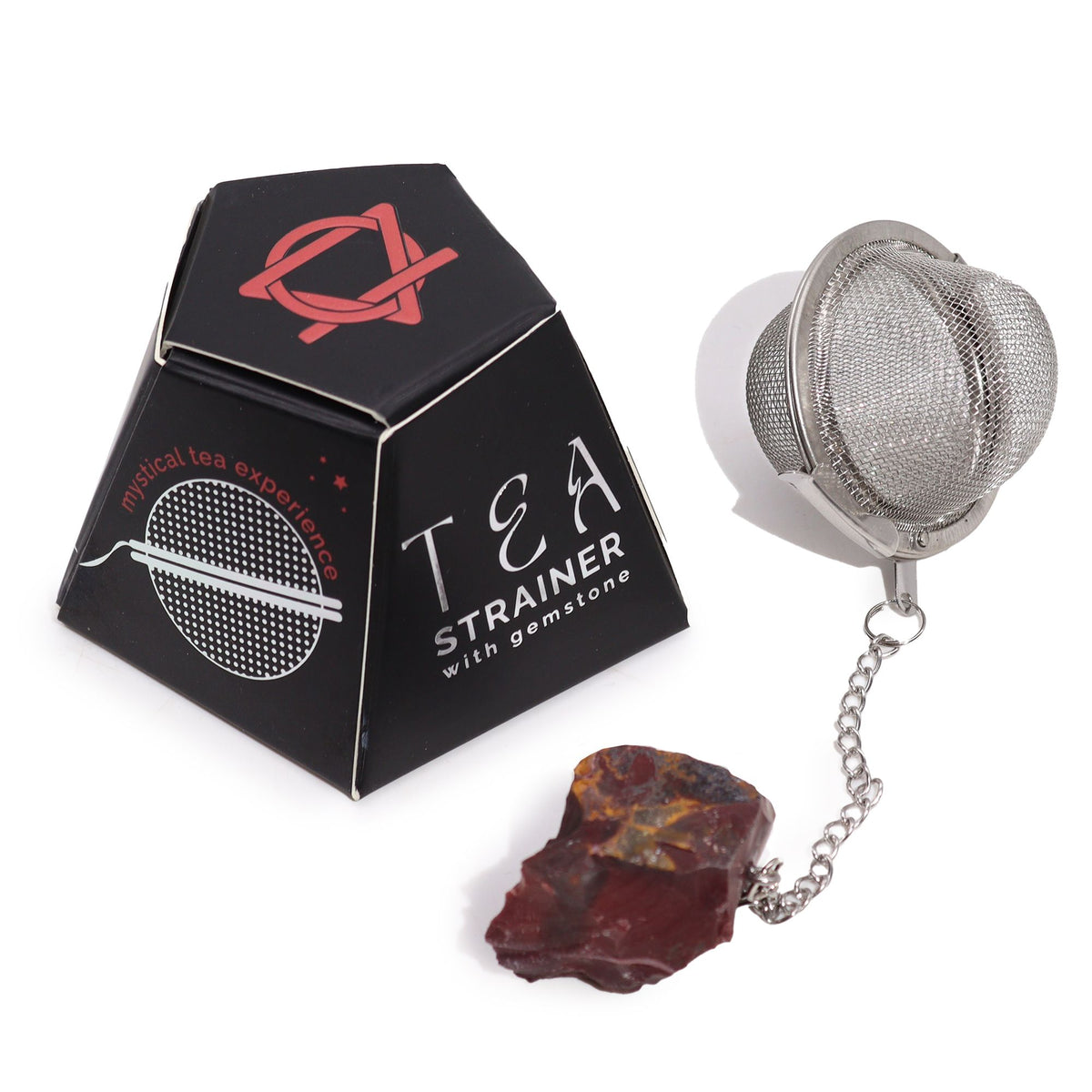 Tea strainer with gemstone and packaging on a white background