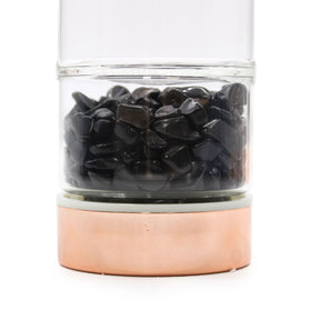 Rose gold black onyx crystal tea infuser bottle with removable bottom chamber full of glossy black onyx chips, neoprene sleeve