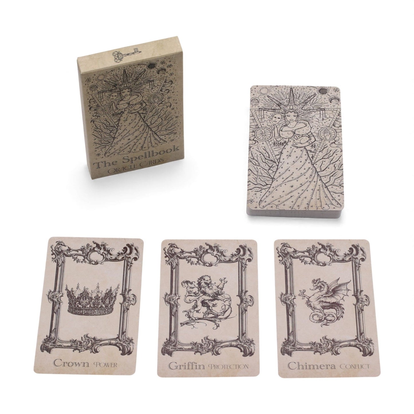 40-card Spellbook Oracle Deck fanned out showing monochrome sigils, creatures & artefacts, in illustrated compact box