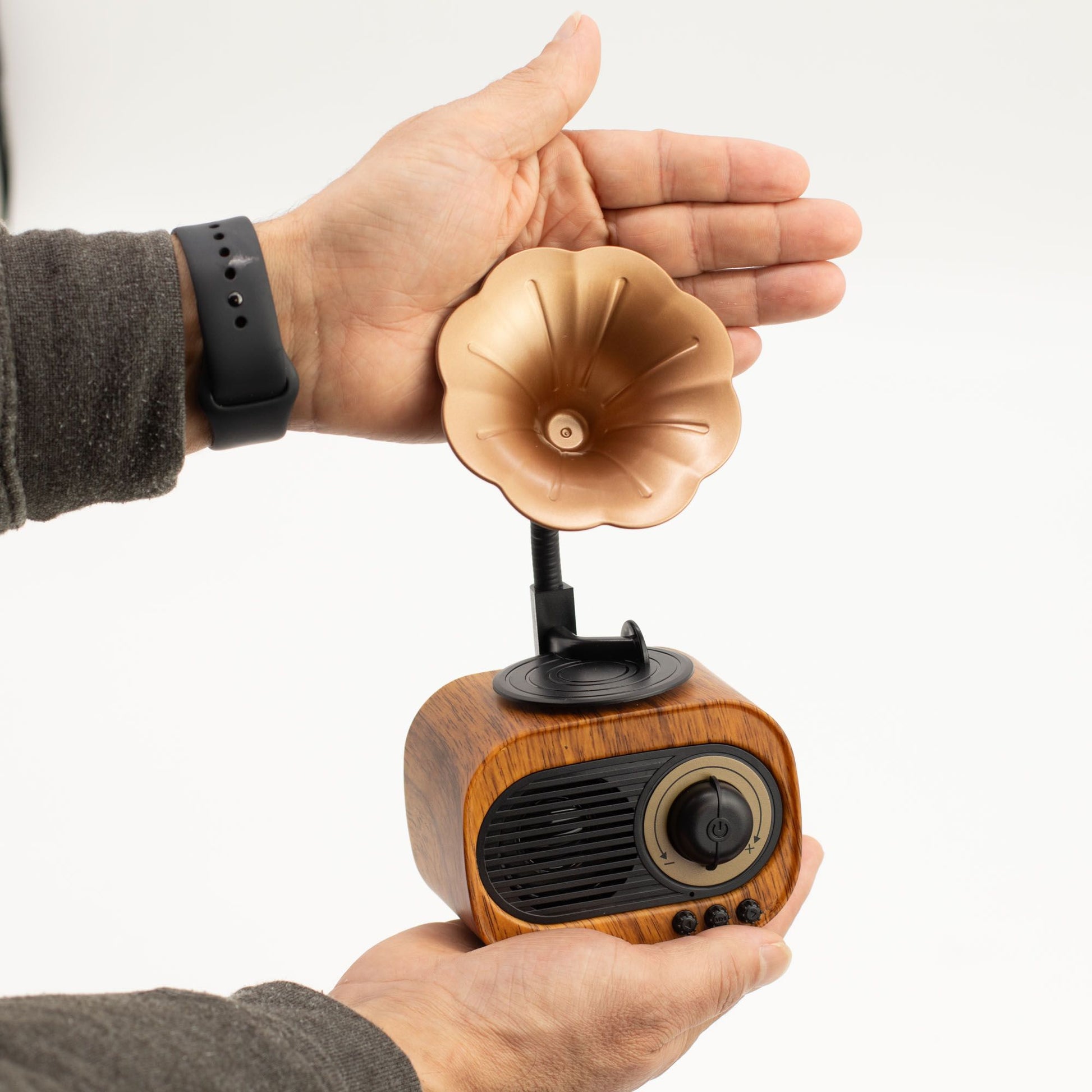 Small wooden gramophone speaker held in a hand