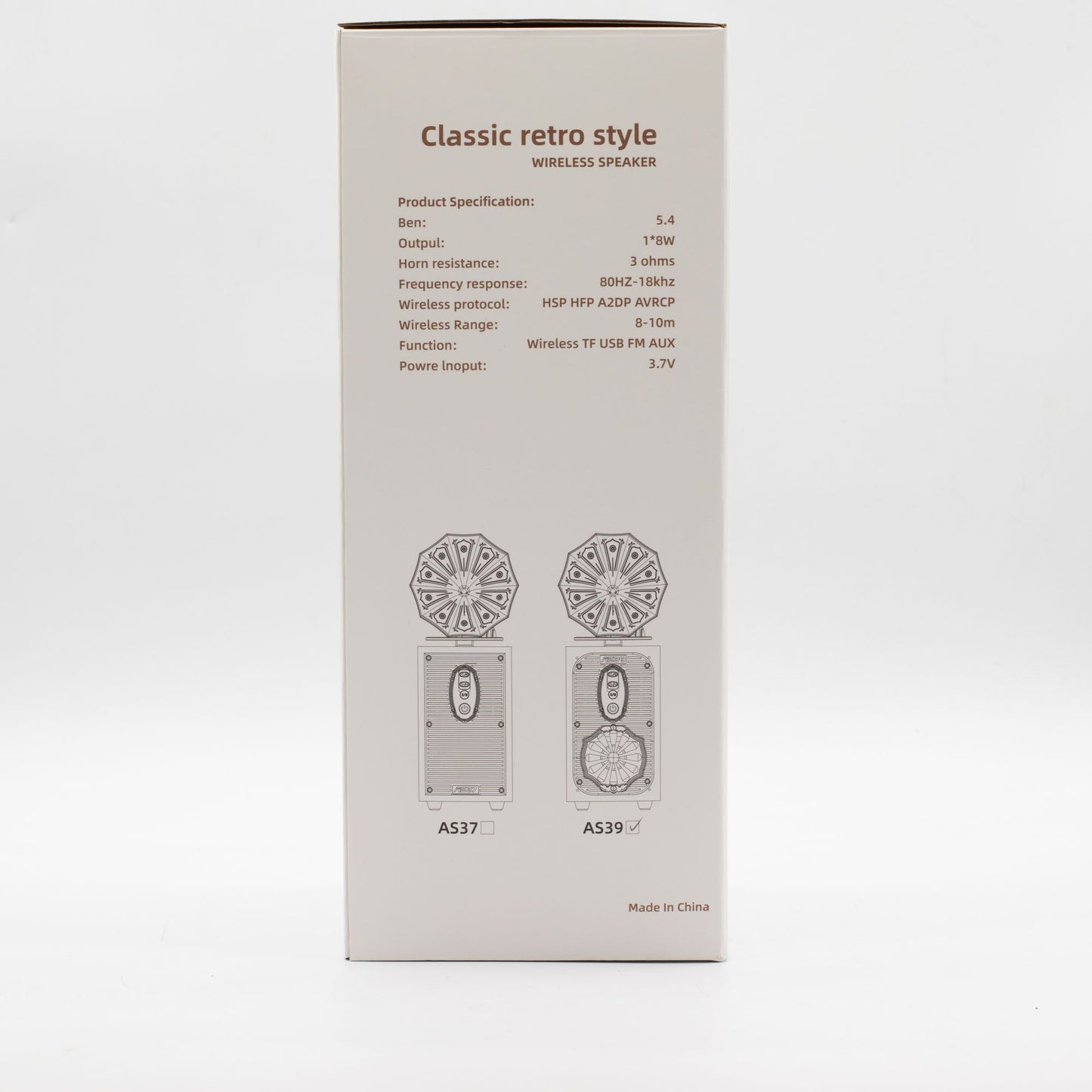 Box for a classic retro style wireless speaker with specifications on a white background