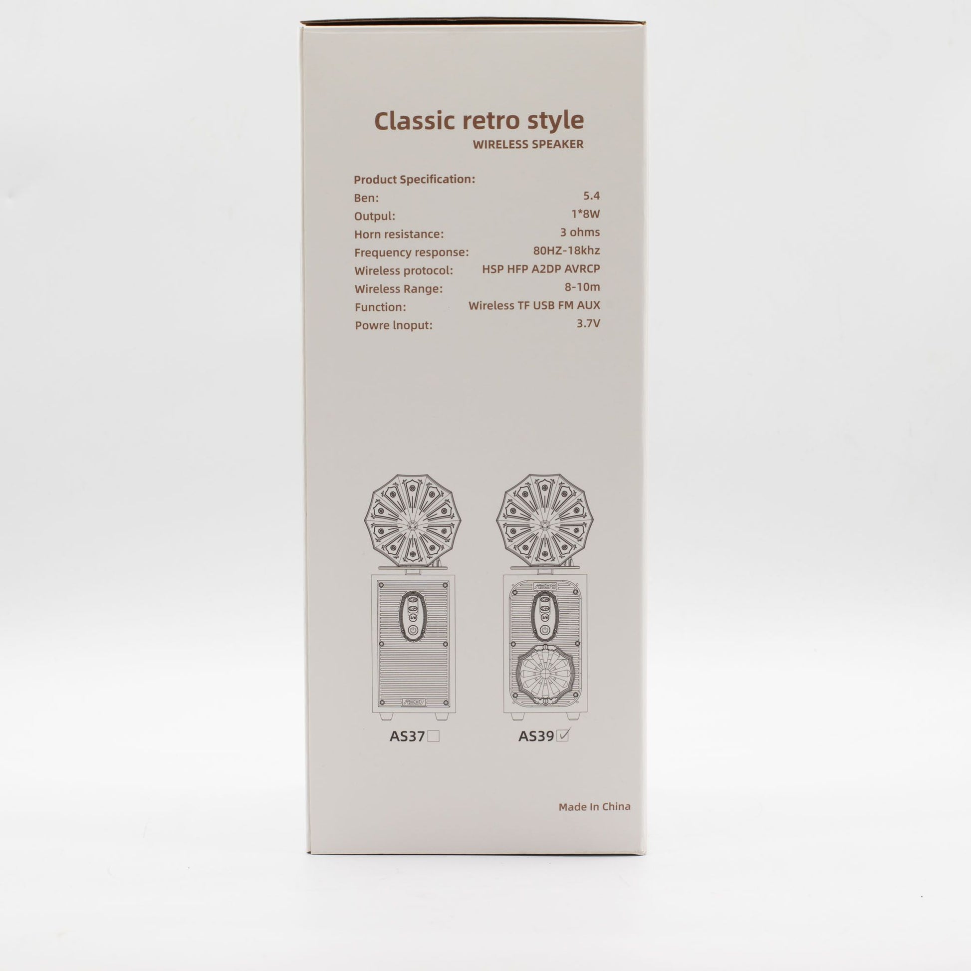 Box for a classic retro style wireless speaker with specifications on a white background