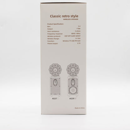 Box for a classic retro style wireless speaker with specifications on a white background