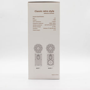 Box for a classic retro style wireless speaker with specifications on a white background