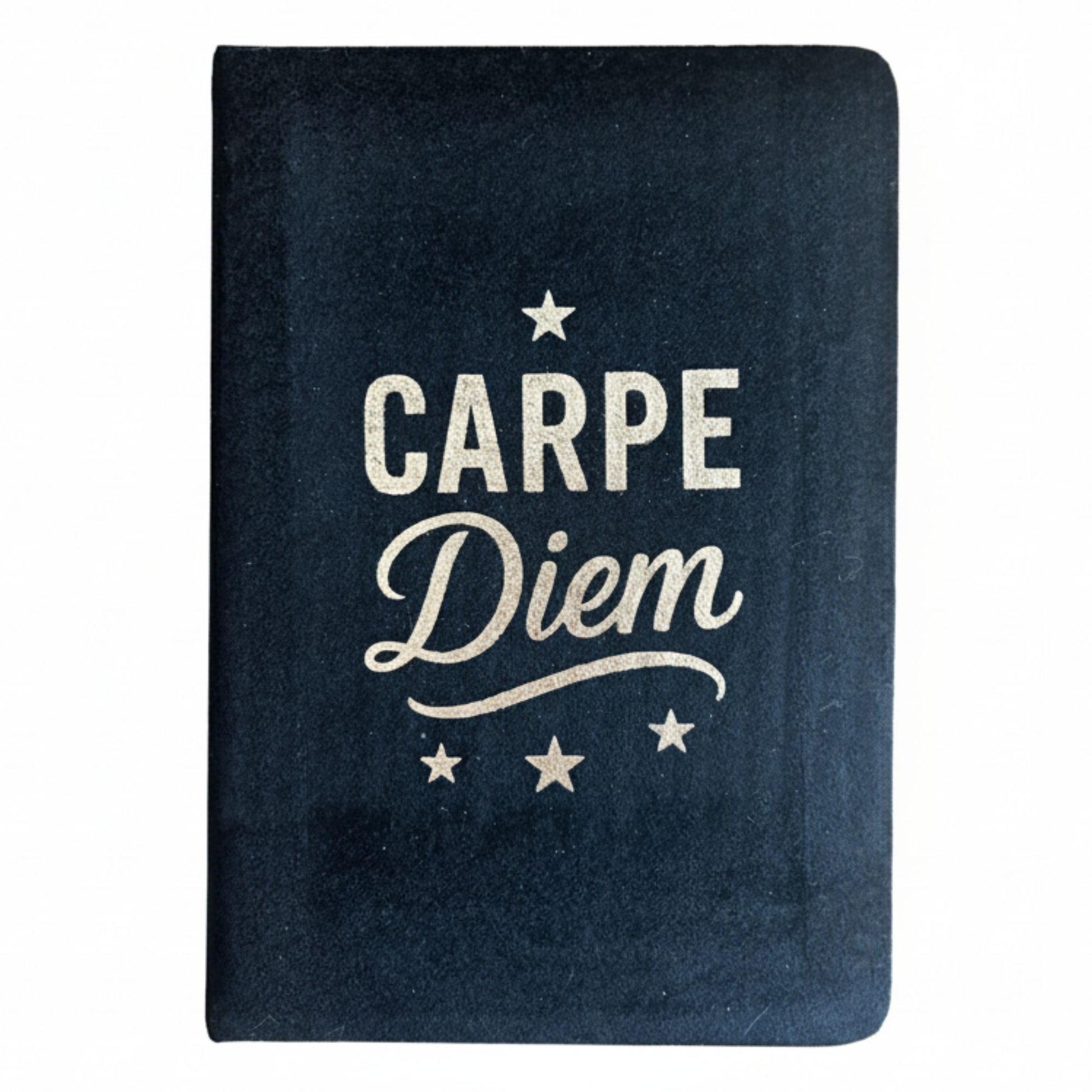 Plush black velvet notebook with shimmering silver “Carpe Diem” script