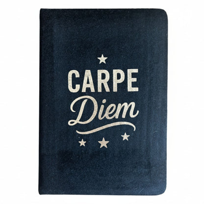 Plush black velvet notebook with shimmering silver “Carpe Diem” script