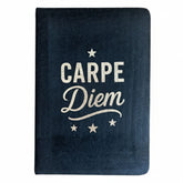 Plush black velvet notebook with shimmering silver “Carpe Diem” script