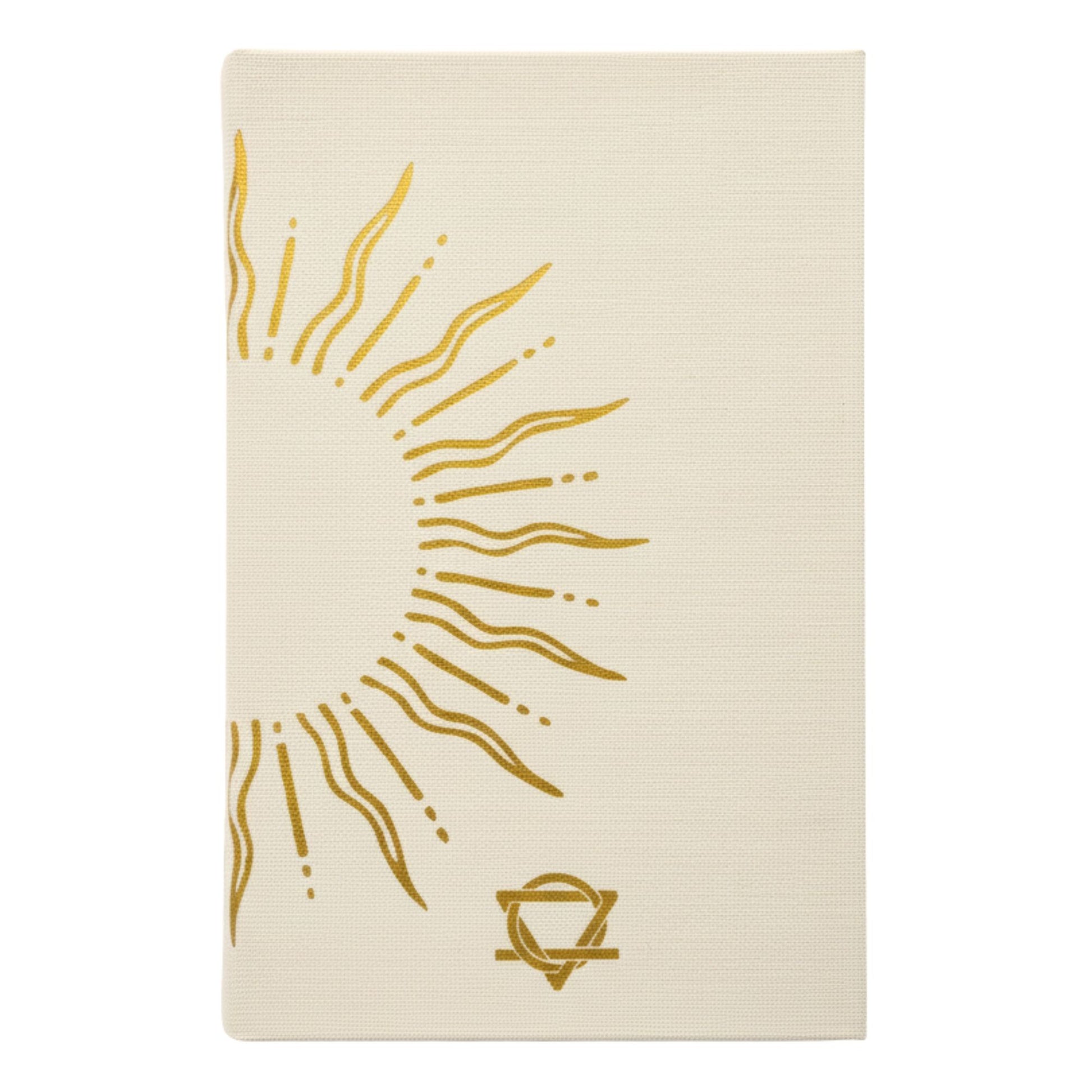 Creamy ivory gratitude journal with gleaming gold sun design and gilded page edges