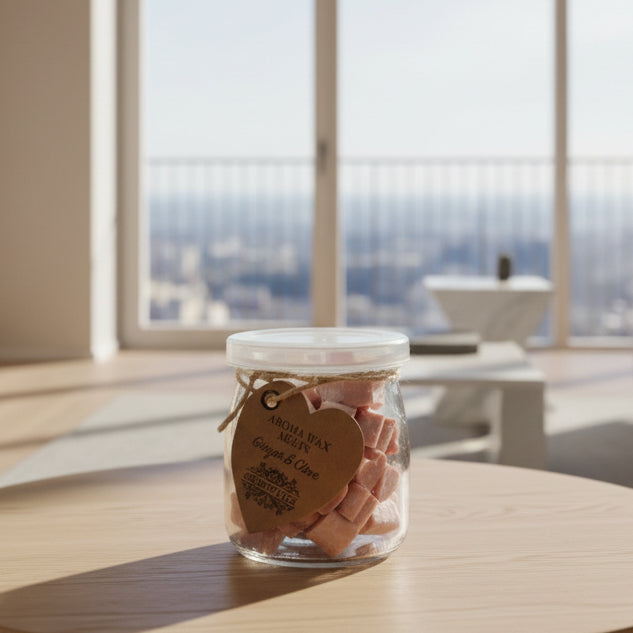 Jar of Aroma Wax Melts with a heart-shaped label on a wooden surface