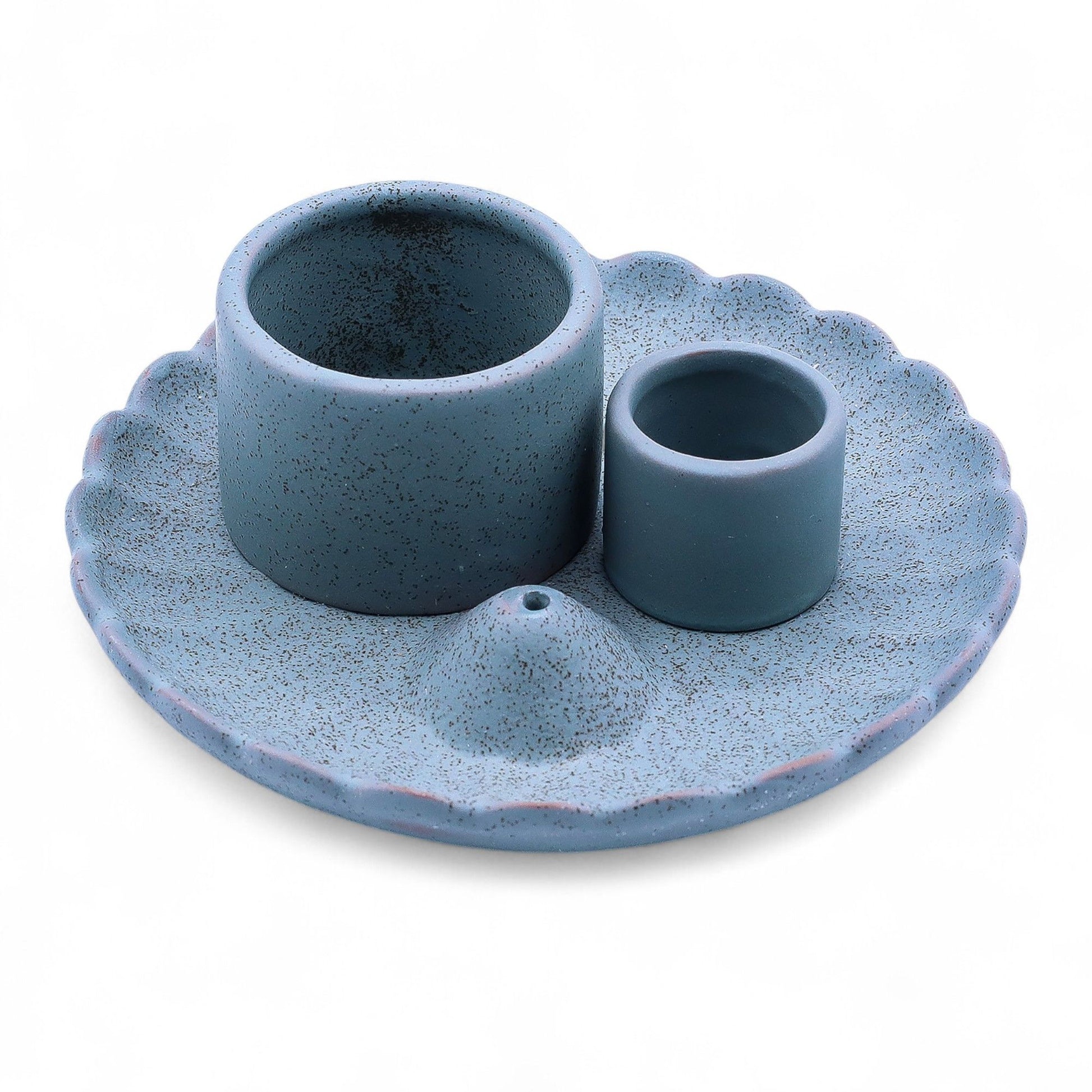 Blue ceramic candle holder with two smaller cups