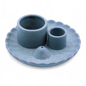 Blue ceramic candle holder with two smaller cups