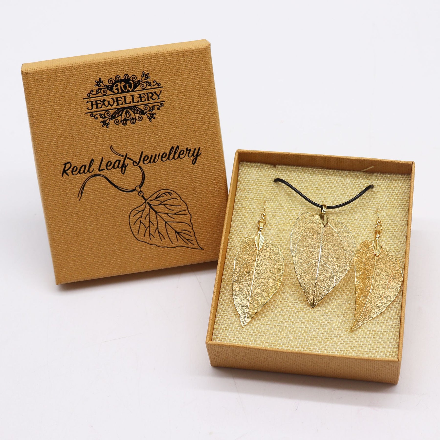 Gold Bravery Leaf Necklace & Earrings Set – Real Leaf Gift Box