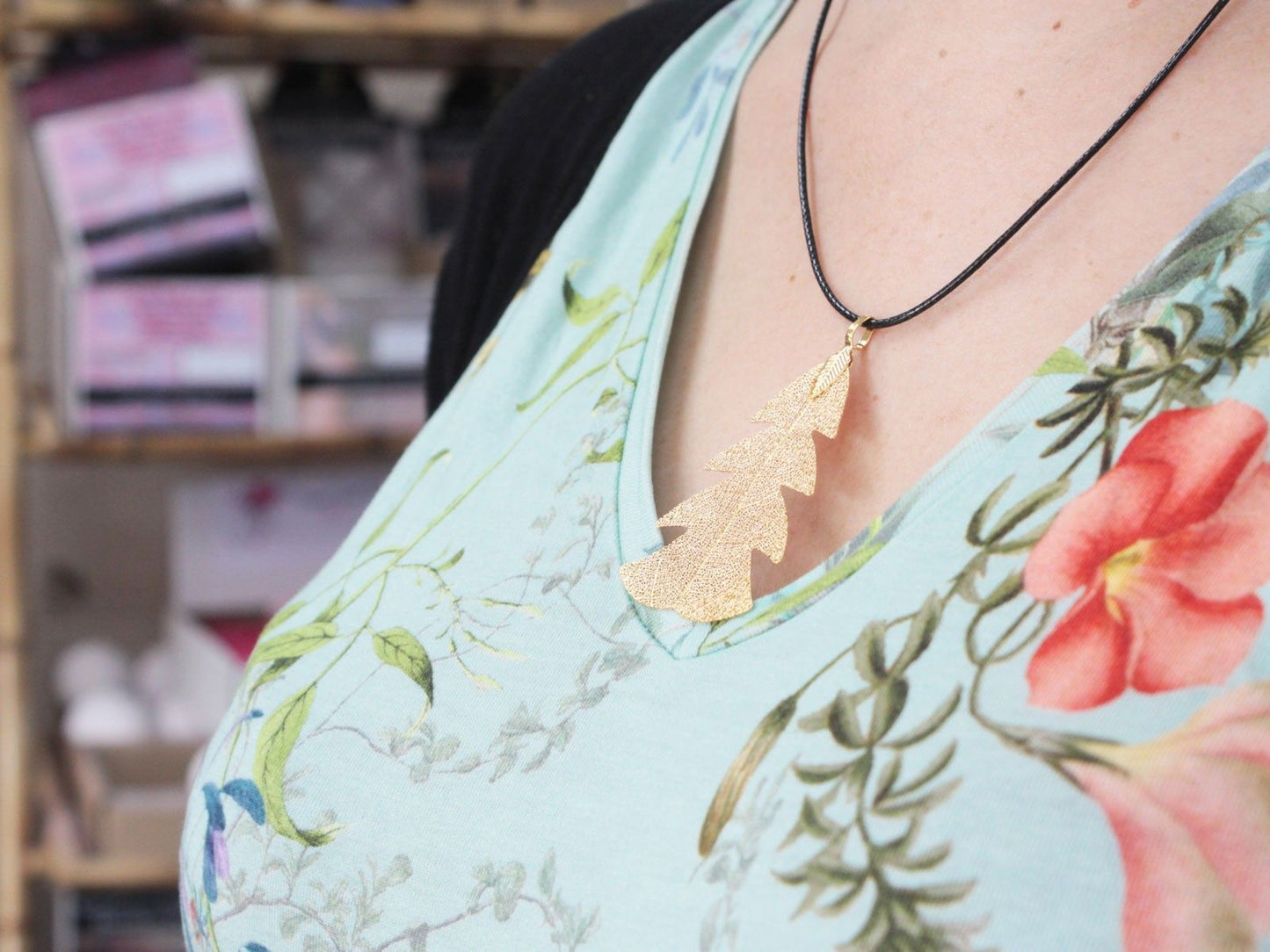 Silver electroplated real festive fir leaf necklace pendant on delicate chain, natural leaf veins visible