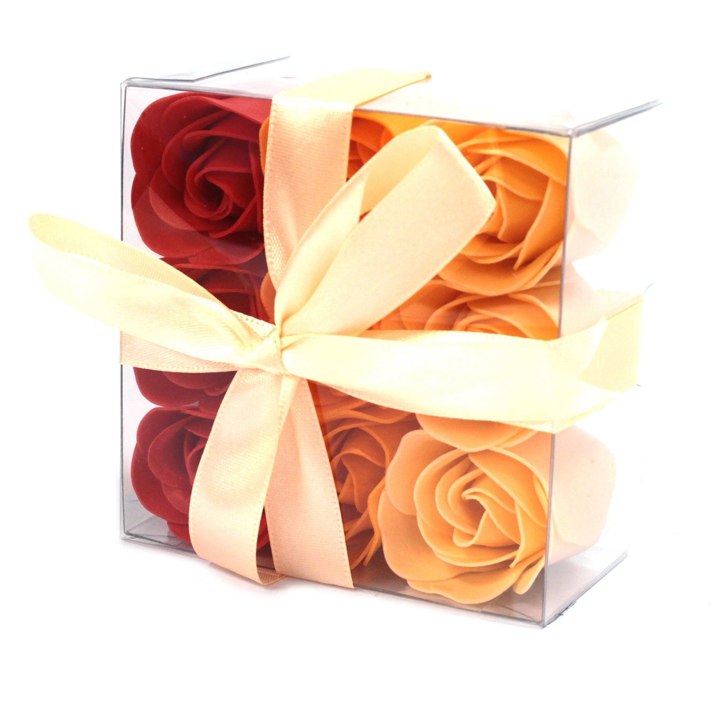 Set of 9 luxury orange rose soap flowers with realistic petal details, artistically arranged in elegant gift packaging, ready for bath use or decorative display