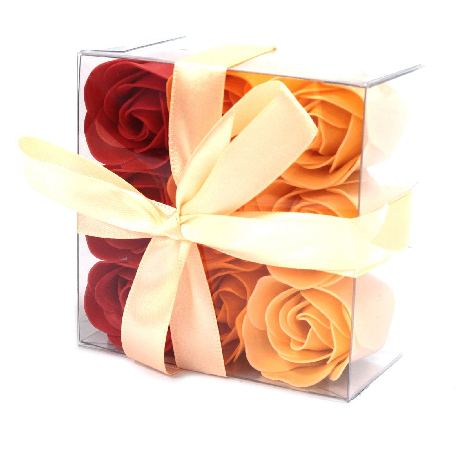 Set of 9 luxury orange rose soap flowers with realistic petal details, artistically arranged in elegant gift packaging, ready for bath use or decorative display