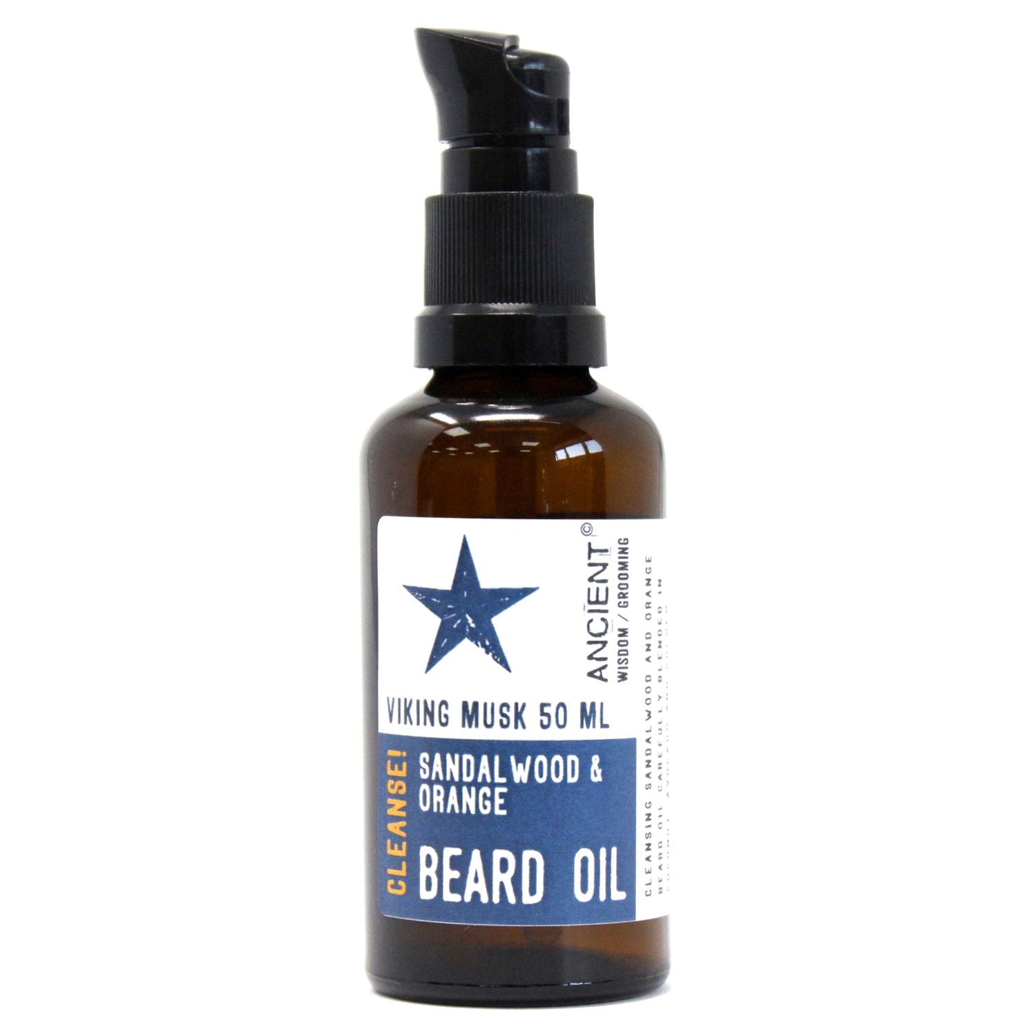 50ml amber glass bottle of Viking Musk Beard Oil with elegant dropper