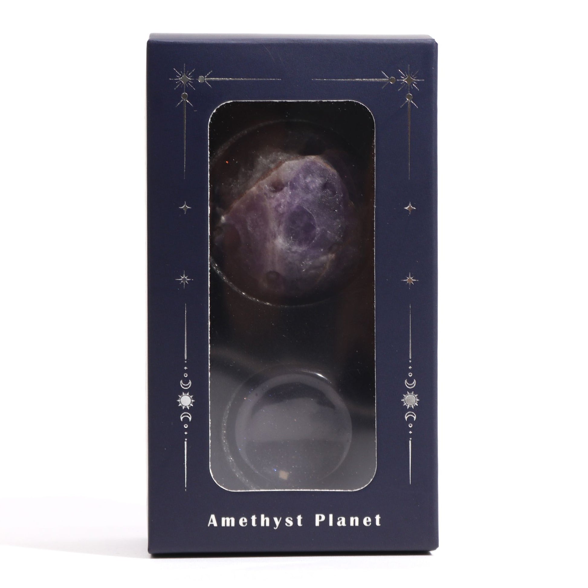 Rich purple 40mm Amethyst Jupiter sphere floating on glittering goldstone ring stand, regal cosmic background with soft golden light