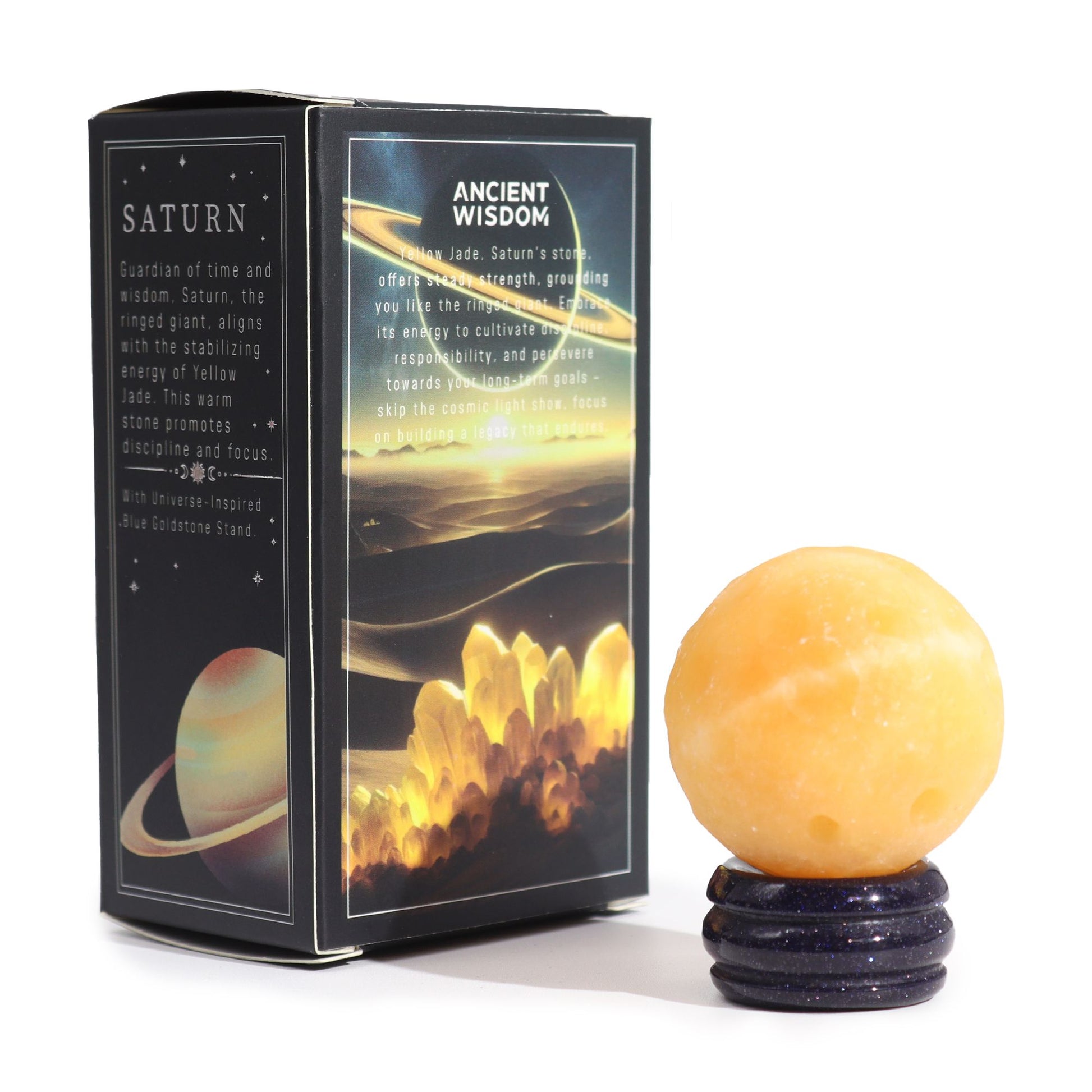 40mm yellow jade Saturn sphere floating on shimmering goldstone ring stand, glowing against starry black background with subtle cosmic light