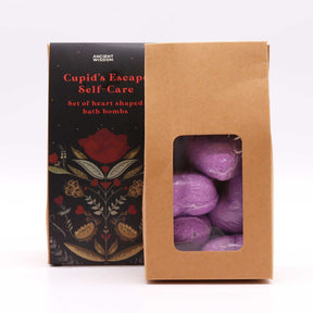 Cupids Escape Bath Heart Gift Set in elegant lavender-themed box with 5 pale purple heart-shaped bath bombs