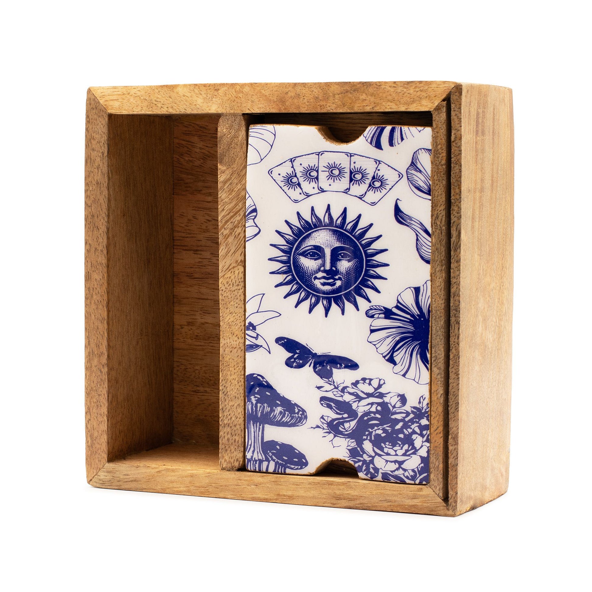 Two Section Tarot Box with Card Holder featuring ceramic triple moon symbol on lid, open to show storage compartments and upright card display slot