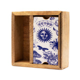 Two Section Tarot Box with Card Holder featuring ceramic triple moon symbol on lid, open to show storage compartments and upright card display slot