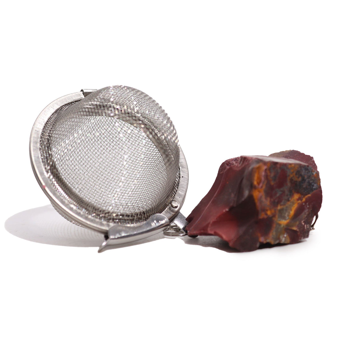 Raw mookaite crystal tea strainer with stainless steel mesh basket