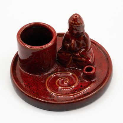 Soft red ceramic Buddha incense plate with seated Buddha figure, integrated holders for incense sticks & cones, ash-catching base
