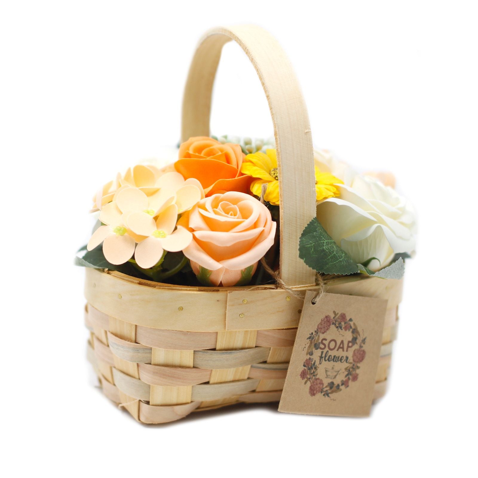 Medium orange soap flower bouquet with lifelike roses and blooms beautifully arranged in natural wicker basket, tied with ribbon, presented as luxury bath gift on soft white background